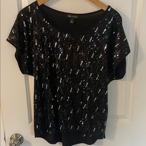 I.N. Studio Black Sequin Short Sleeve Top